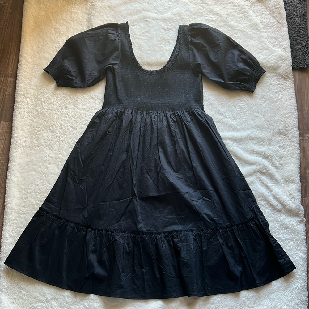 HILL HOUSE Women's LOUISA NAP DRESS Black Crepe Peasant Prairie -Pockets- XXL